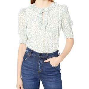Rebecca Taylor Ikat Leaf Ruffle Top - Green - Blouses